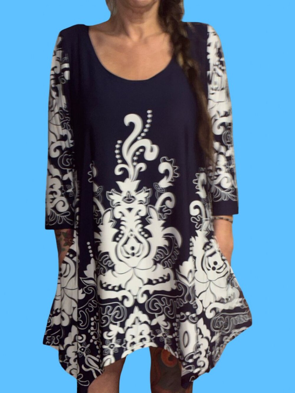 Sz.1X*White Mark*Navy/White Abstract-Print 3/4 Sleeve Shift Mini Dress